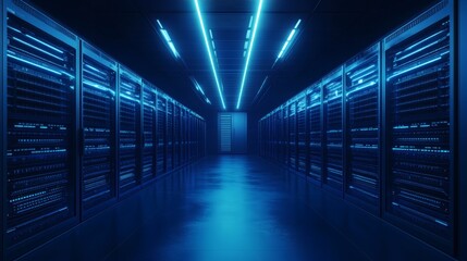 Futuristic Data Center Corridor with Neon Lighting