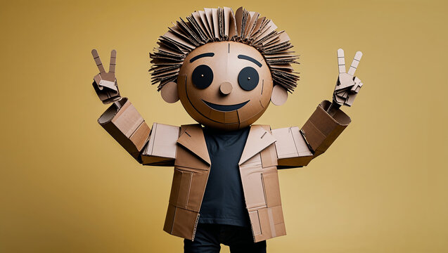 Cardboard character showing peace sign with both hands
