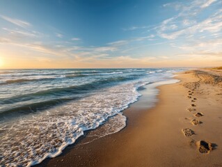 Serene beach at sunset with gentle waves and footprints
