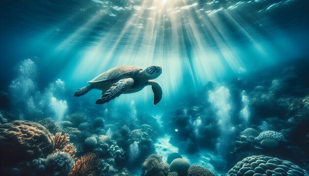 Graceful sea turtle swimming in tropical ocean with sunlight rays filtering through water and bubbles trailing in peaceful World Turtle Day scene
