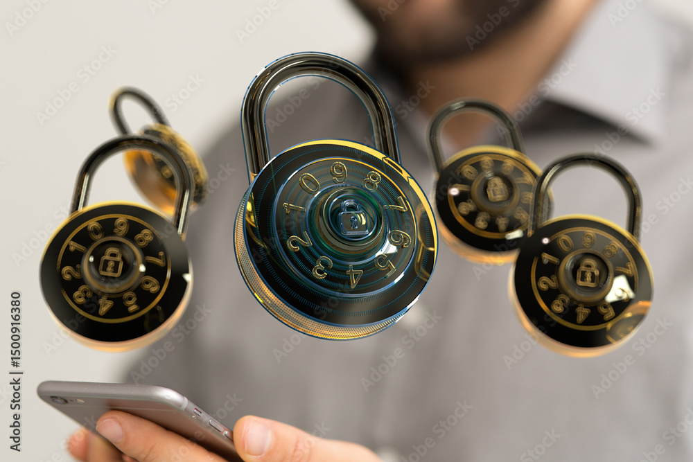 Aufkleber Image of combination locks hovering over a smartphone, symbolizing mobile security and data protection.