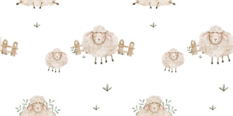 Cute Sheep grazing,, wooden fence. Watercolor nursery seamless pattern flock of lambs. Rustic baby background of farm animals for textile, linen, baby shower, wallpaper, pajamas and children's room