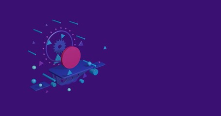 Naklejka premium Pink circle on a pedestal of abstract geometric shapes floating in the air. Abstract concept art with flying shapes on the left. 3d illustration on deep purple background