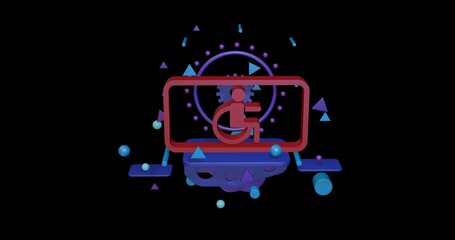 Red disabled road sign on a pedestal of abstract geometric shapes floating in the air. Abstract concept art with flying shapes in the center. 3d illustration on black background