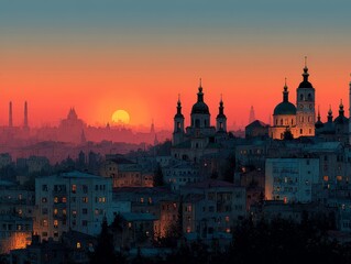 Kyiv's enchanting skyline illuminated by a vibrant sunset over historic architecture