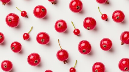 Red currant berries pattern isolated on white background with shadows, flat lay