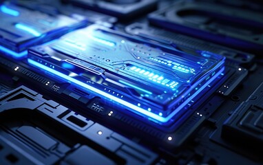 Fototapeta premium Close-up of a glowing blue futuristic technology energy core system on a complex circuit board.