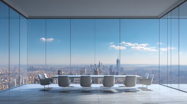 Modern conference room with panoramic city view and long table surrounded by chairs