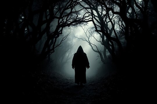mysterious hooded figure in a dark foreboding forest path