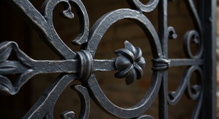 Obraz premium Photographic Detail Of Ornate Black Wrought Iron Gate With Floral Design Against Brick Wall