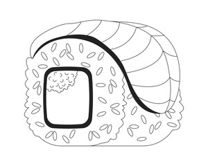 Sushi roll with salmon topping 2D line object. Salmon slice draped over rice wrap with fish roe. Japanese cuisine food dish isolated clipart vector ink outline item. Monochrome spot illustration