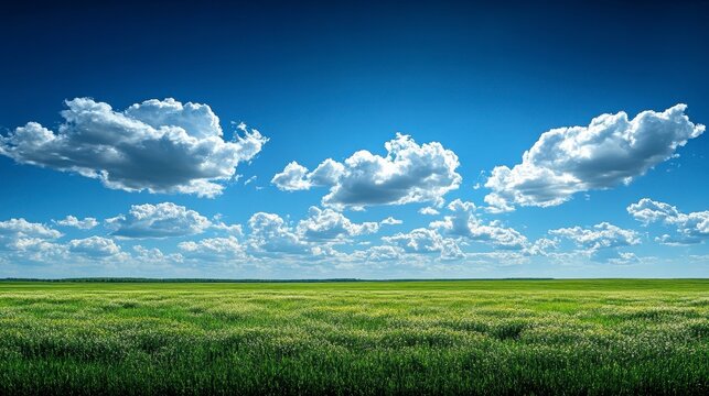 Field of green grass below a vibrant blue sky filled with puffy white clouds on sunny day