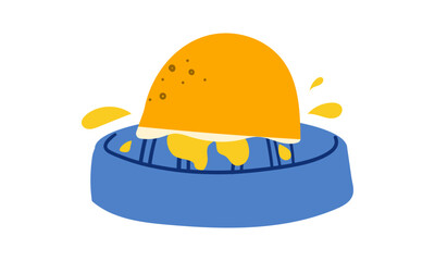 A vibrant, minimalist illustration of a manual citrus juicer, showcasing a halved citrus fruit during the juicing process.