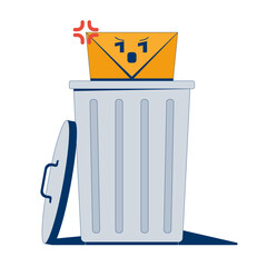 Deleting suspicious unwanted email 2D illustration concept. Spam e-mail envelope being thrown into trash bin. Junk message cartoon composition isolated on white. Flat abstract vector metaphor