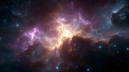 Fototapeta premium Cosmic Dance A Fiery Nebula with Radiant Purple and Orange Colors Illuminates the Cosmos