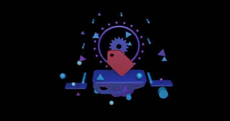 Red discount label symbol on a pedestal of abstract geometric shapes floating in the air. Abstract concept art with flying shapes in the center. 3d illustration on black background