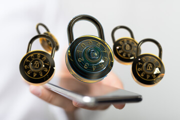 Image of combination locks hovering over a smartphone, symbolizing mobile security and data...