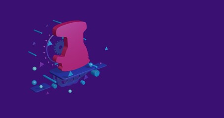 Pink sanding machine symbol on a pedestal of abstract geometric shapes floating in the air. Abstract concept art with flying shapes on the left. 3d illustration on deep purple background