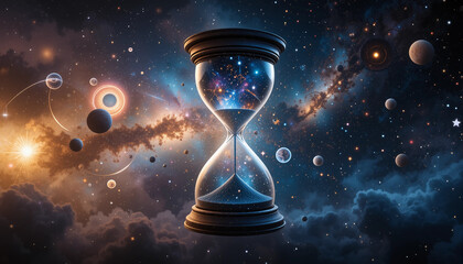 Hourglass in the Cosmos: An captivating image of time and space intertwine, with a celestial display of stars and galaxies.