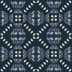 Seamless vintage damask floral tile design in blue and earthy tones, perfect for textile prints and home decor.