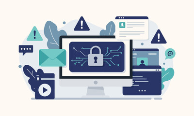 Flat illustration of a computer monitor with security symbols representing cyber security threats and data protection.