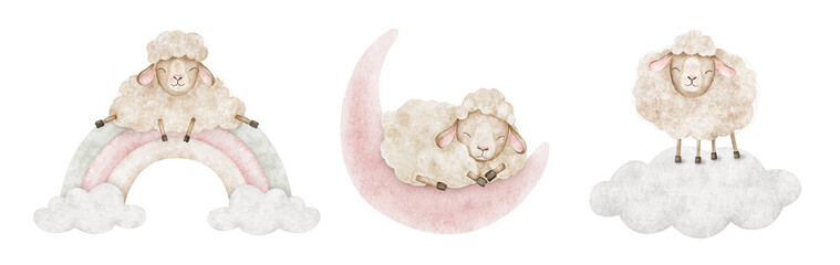 Dreamy Sheep sleeping on cloud, rainbow and crescent moon. Collection Isolated hand drawn kids watercolor illustrations of sleeping Lamb. Clipart for children's design, poster, kids room, bed linen © Fedulova_art