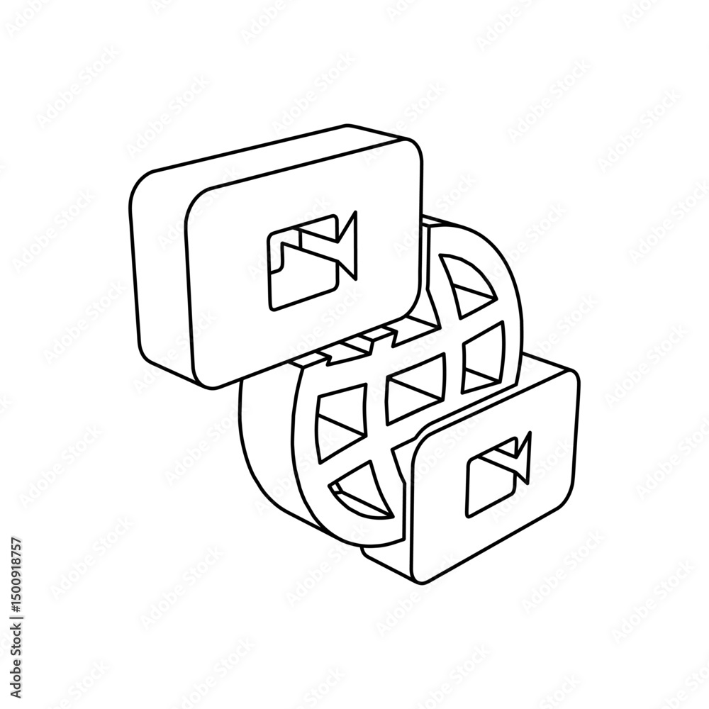 Poster the outline of a large videoconference symbol is made with black lines. 3d view of the object in per