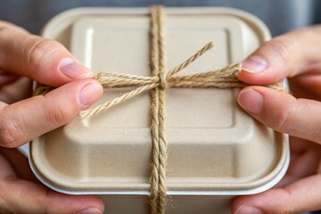 Fototapeta premium Biodegradable Eco-friendly takeaway box tied with string held by hands, ready for delivery.