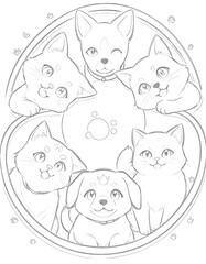 Cute vector cartoon set of funny cat and animal heads with seamless patterns for pet illustration collection