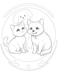 Cute kitten and dog cartoon vector illustration of funny pet animals