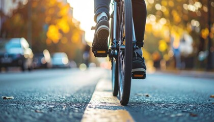 Biking down road. Rear view, sun dappled street, autumn leaves, cyclist's feet on pedals, blurred background