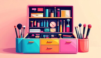 Colorful open makeup organizer box with brushes and various cosmetics