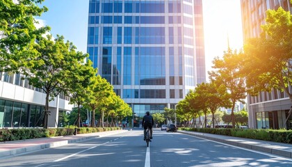Biker on avenue. Tall glass buildings line sunny city street w/ trees, bright sky overhead