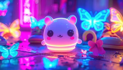 Glowing chibi creature surrounded by neon butterflies on a reflective surface