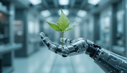 Close-up of a green plant on a robot's palm in a laboratory.