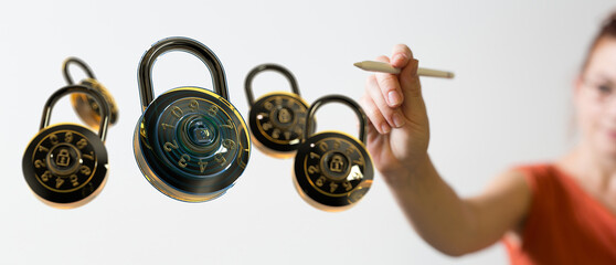 Image of combination locks and a person, symbolizing data security and password protection.