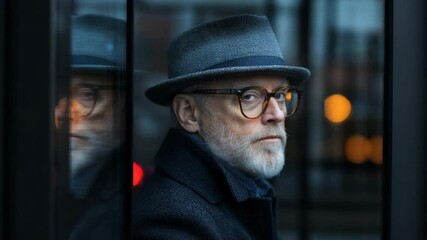 Thoughtful Man in Fedora: A pensive older man with a gray fedora and glasses stands pensively near glass door, gazing thoughtfully into the distance. - Powered by Adobe