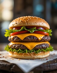 A mouth-watering hamburger on a wooden background with beef, cheese, lettuce, and tomato makes a delicious fast food meal