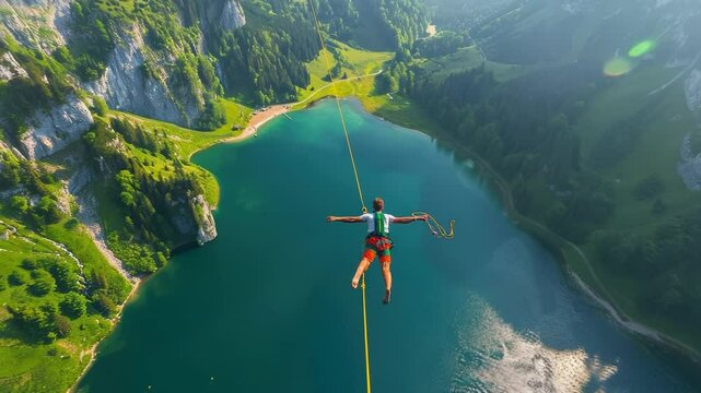 Bungie jumping. The girl overcomes her fear and jumps from a great height to the bottom. Extreme sport