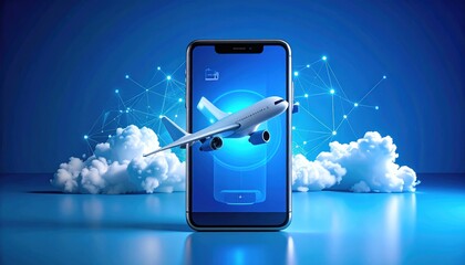 Airplane levitates from smartphone screen against clouds and blue network
