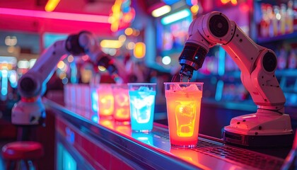 Robotic arms prepare colorful cocktails on a futuristic bar counter
