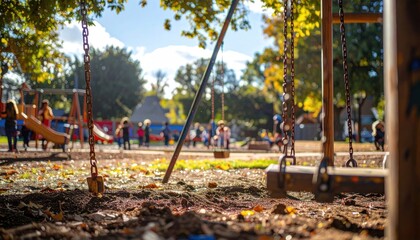 Playground scene with blurred children and equipment, autumn leaves on the ground
