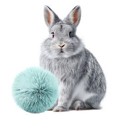 Obraz premium Grey Fluffy Rabbit Sitting Beside a Teal Sphere on Transparent Background