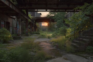 Abandoned city courtyard at sunset; overgrown vegetation covers the ground