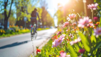 Blurry cyclist rides past colorful roadside flowers on a bright day with dappled sunlight