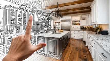 Pointing to a modern kitchen design blending realism with a hand-drawn sketch concept