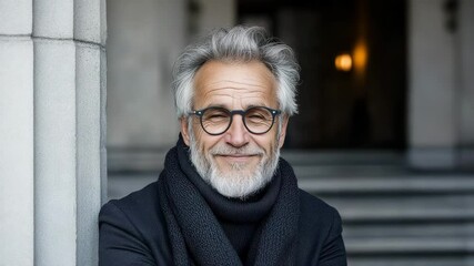 Elegant Portrait: An distinguished man with gray hair and a beard, wearing glasses and a scarf, standing gracefully by a pillar. - Powered by Adobe