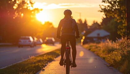 Biker rides into golden sunset on road, seen from behind