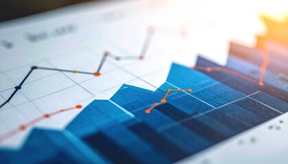 Financial chart showing upward trends with blue/orange lines & numbers, catching sunlight