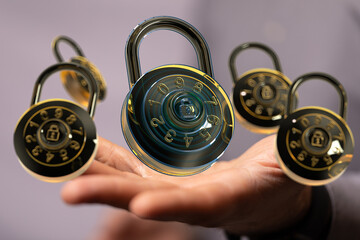 Cybersecurity concept.  Combination locks, data protection, digital security.